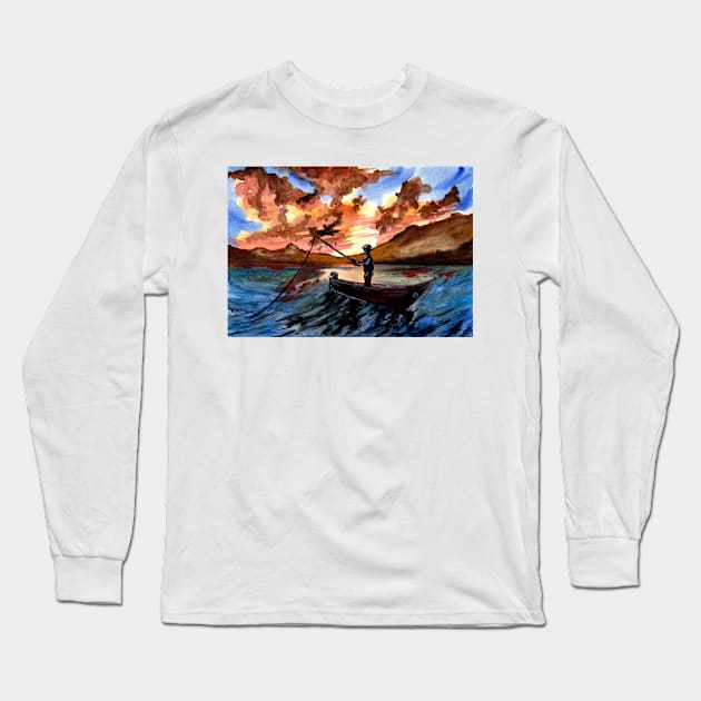 Fishing at Sunset Long Sleeve T-Shirt by ZeichenbloQ